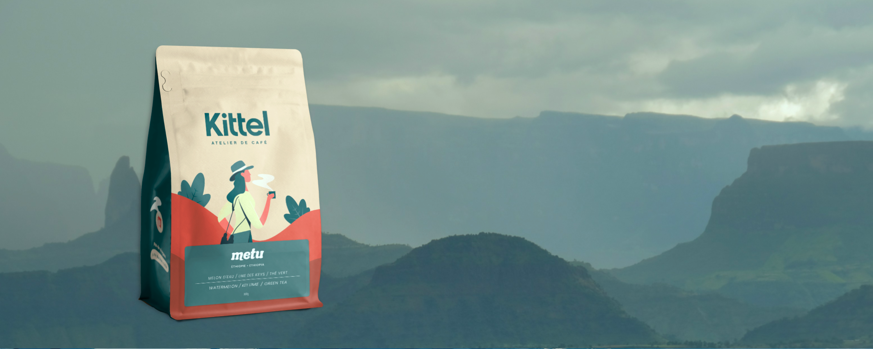 Banner image showing a bag of Kittel Metu Ethiopian coffee against a mountain landscape.